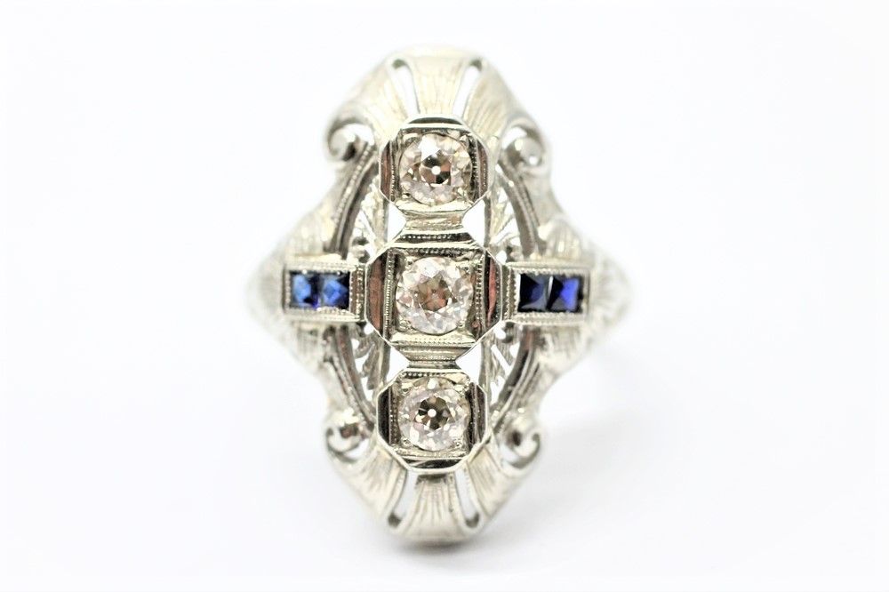 Zlatý prsten s diamanty a safíry Art Deco